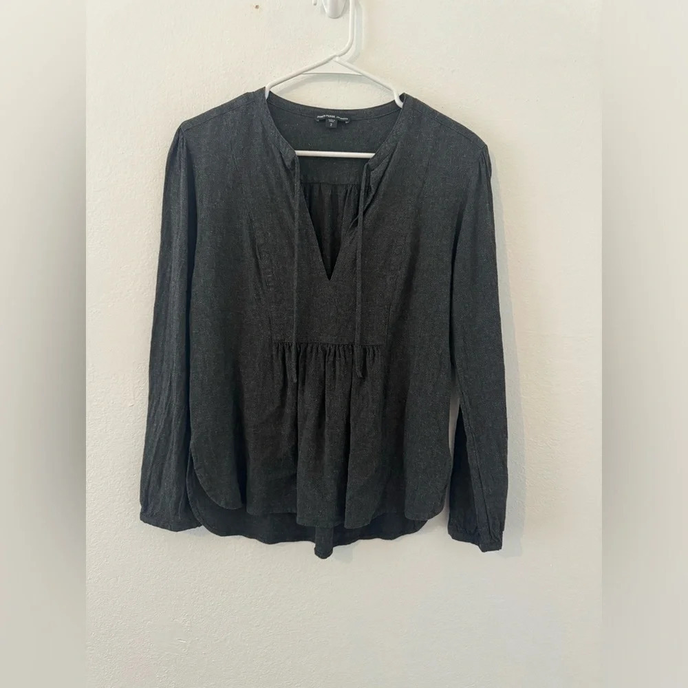 James Perse Curved Hem Peasant Blouse Split Neck Linen Blend Size 2 US Small